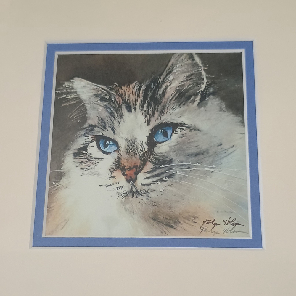 Vintage Signed Framed & Matted White Cat Kitty Print Blue Eyes Ragdoll? 9x9 - Picture 2 of 6